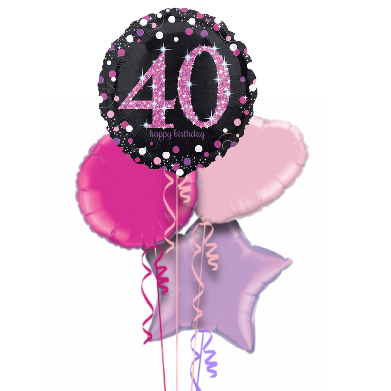 Happy 40th Birthday Pink and Black Holographic Balloon Bouquet