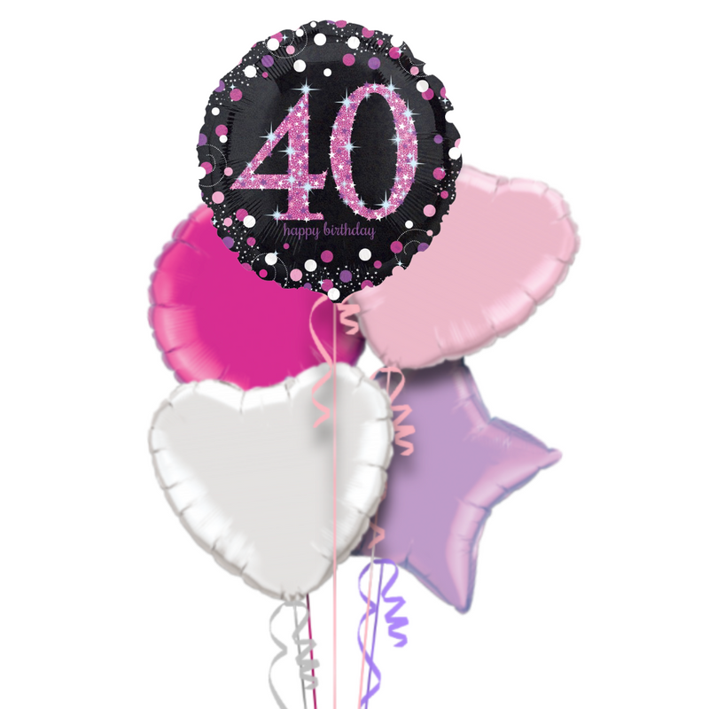 Happy 40th Birthday Pink and Black Holographic Balloon Bouquet