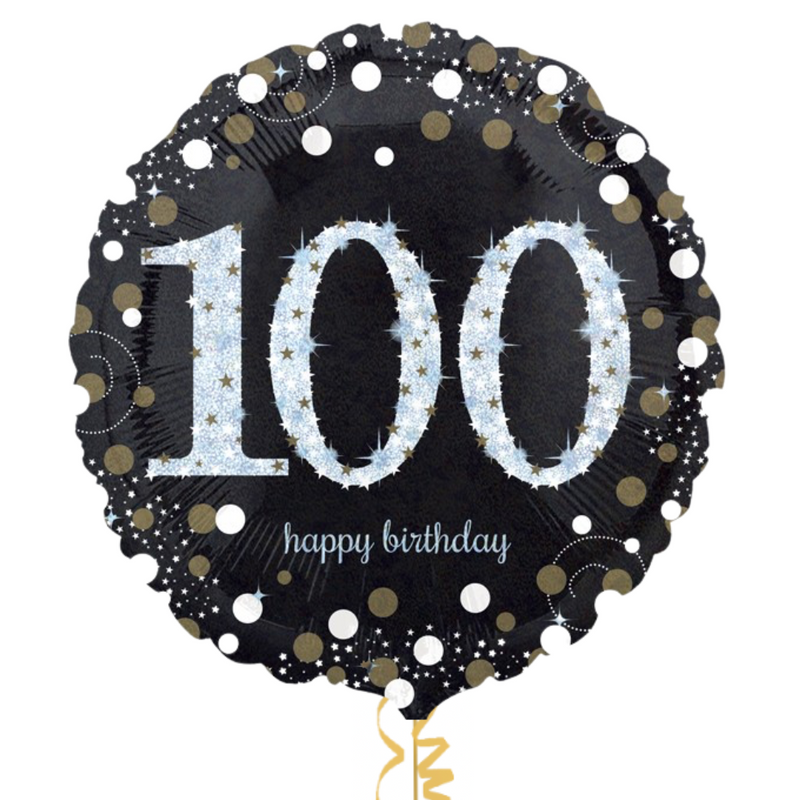 Happy 100th Birthday Black and Silver Holographic Balloon Bouquet