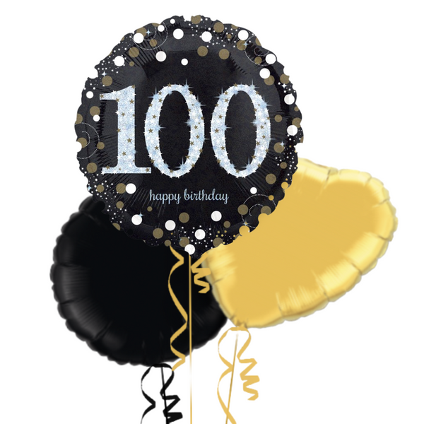 Happy 100th Birthday Black and Silver Holographic Balloon Bouquet