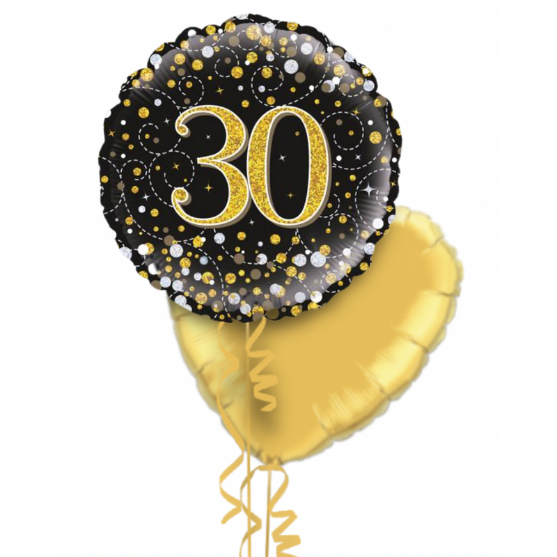 Happy 30th Birthday Black and Gold Holographic Balloon Bouquet