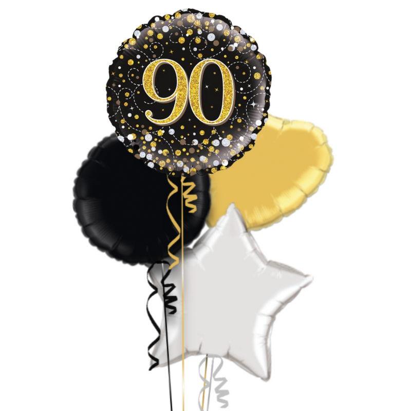 Happy 90th Birthday Gold & Black Holographic Birthday Balloon Bouquet