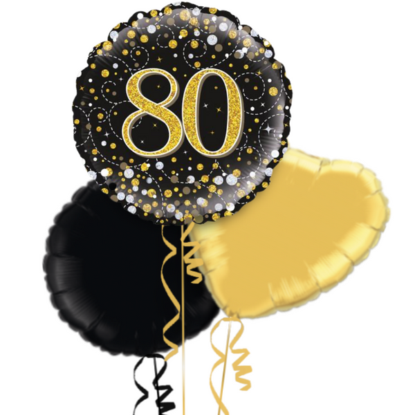 Happy 80th Birthday Black and Gold Holographic Balloon Bouquet