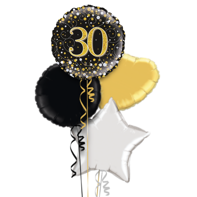 Happy 30th Birthday Black and Gold Holographic Balloon Bouquet