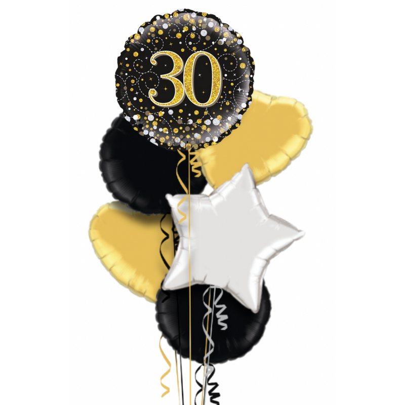 Happy 30th Birthday Black and Gold Holographic Balloon Bouquet