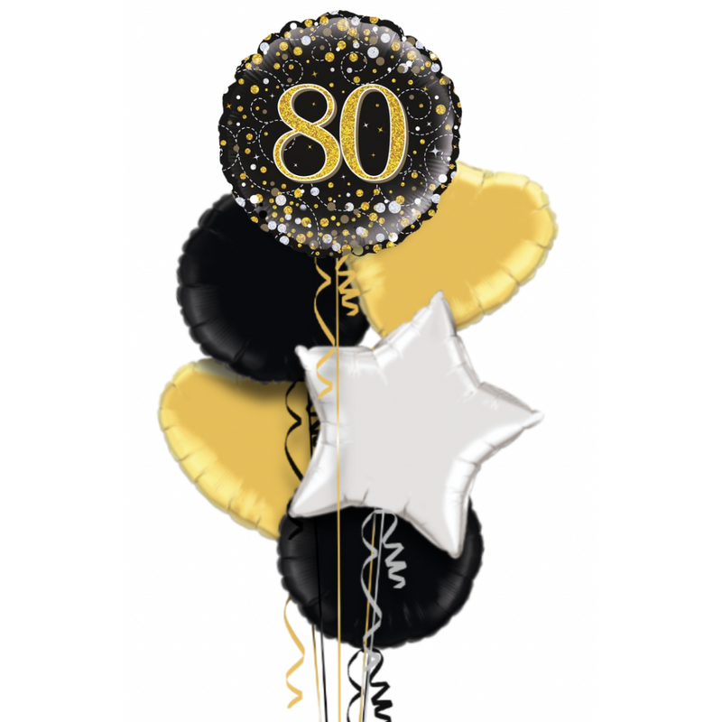 Happy 80th Birthday Black & Gold Holographic Balloon Bouquet