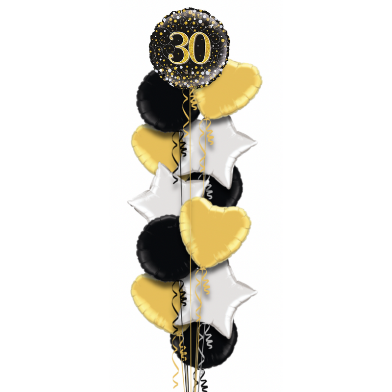 Happy 30th Birthday Black and Gold Holographic Balloon Bouquet