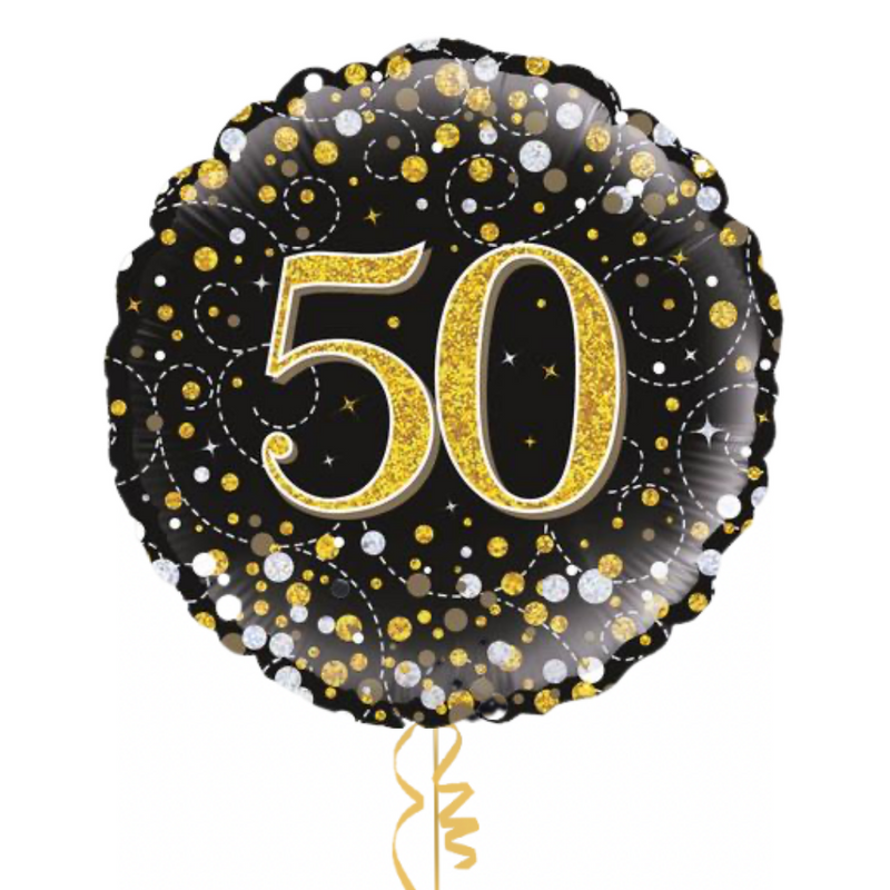 Happy 50th Birthday Black and Gold Holographic Balloon Bouquet