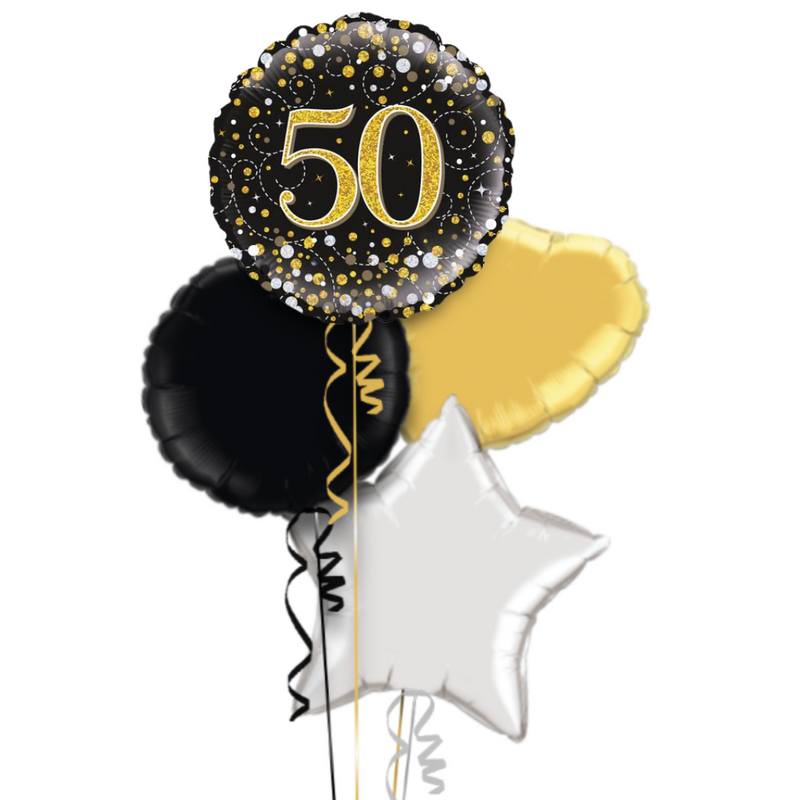 Happy 50th Birthday Black and Gold Holographic Balloon Bouquet