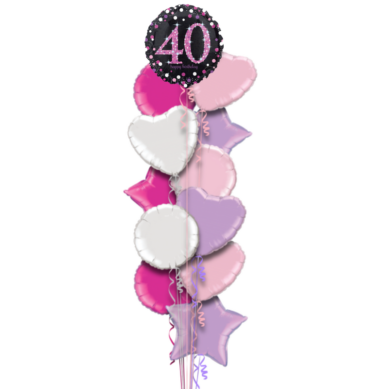 Happy 40th Birthday Pink and Black Holographic Balloon Bouquet