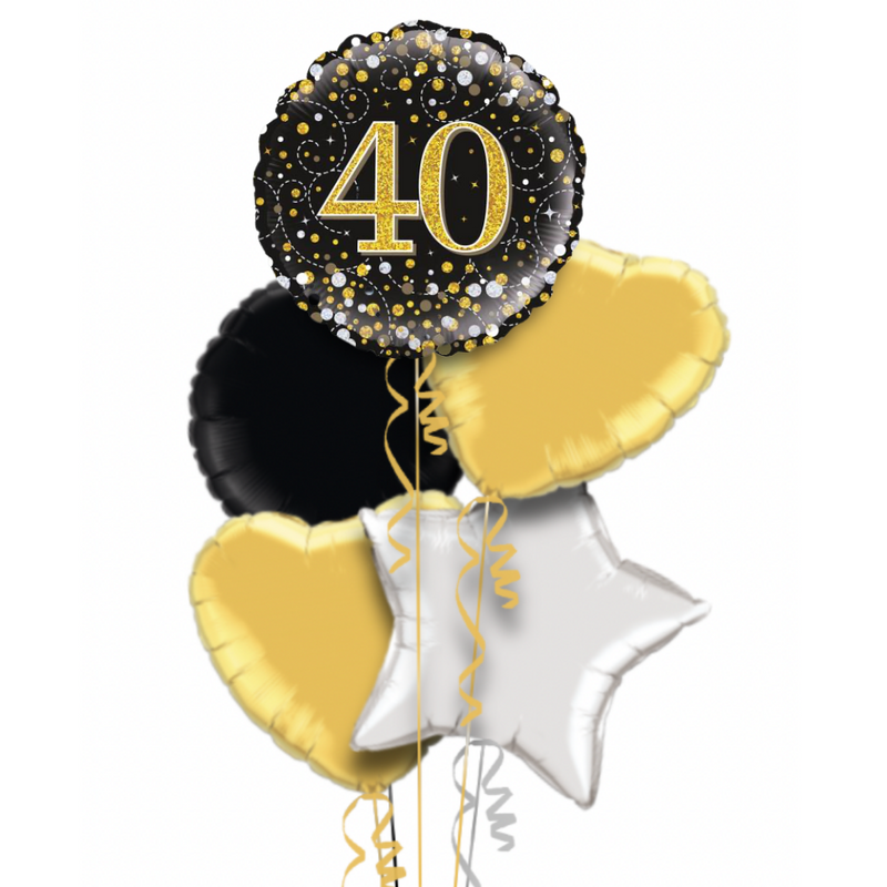 Happy 40th Birthday Black and Gold Holographic Balloon Bouquet